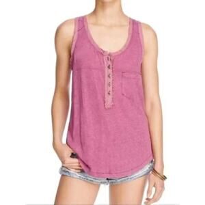 Free People Linen Burnout Button Front Henley Traveler Tank, S